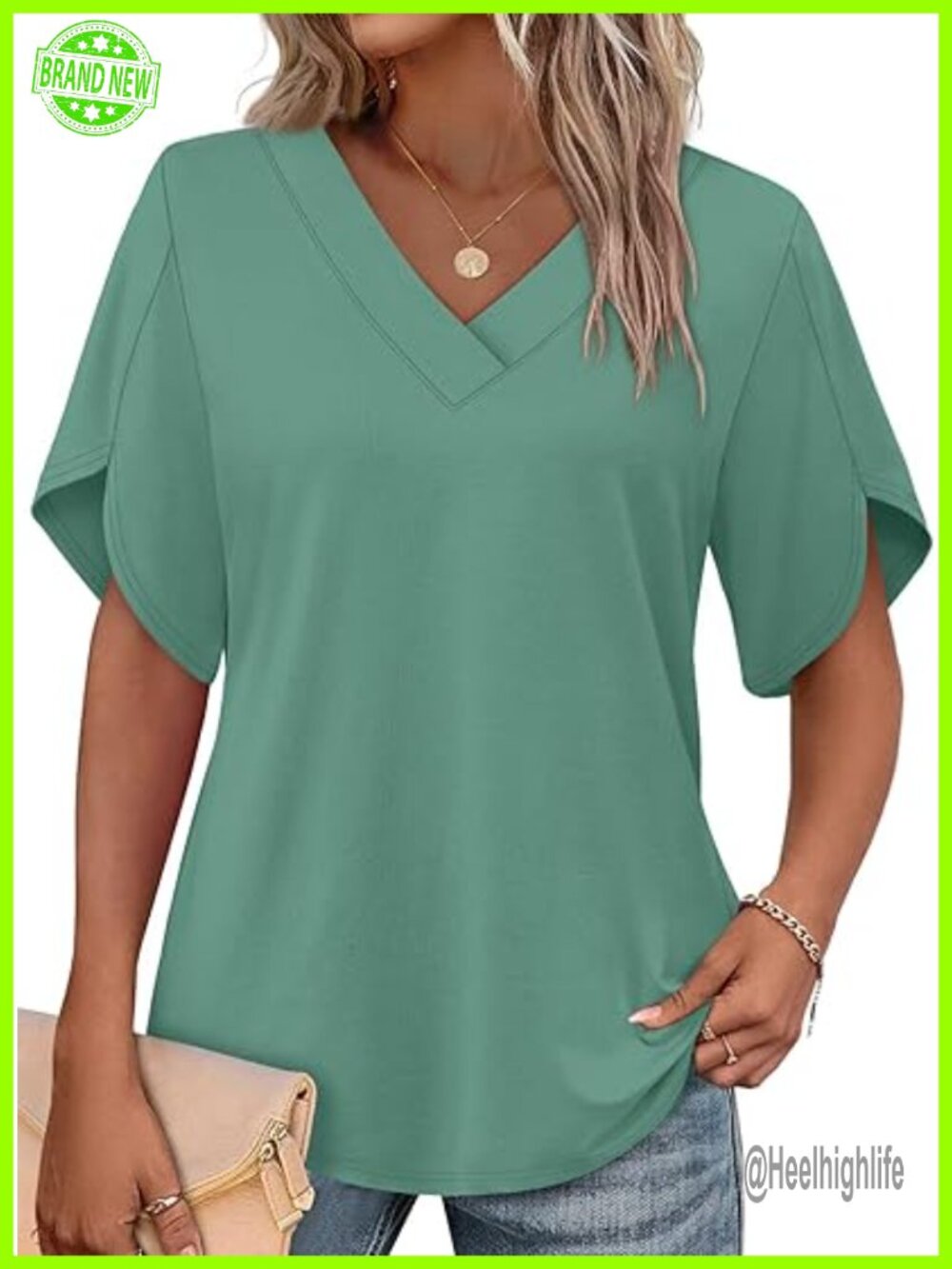Women's Short Sleeve V-Neck Petal Sleeve T-Shirt Blouse Summer Top